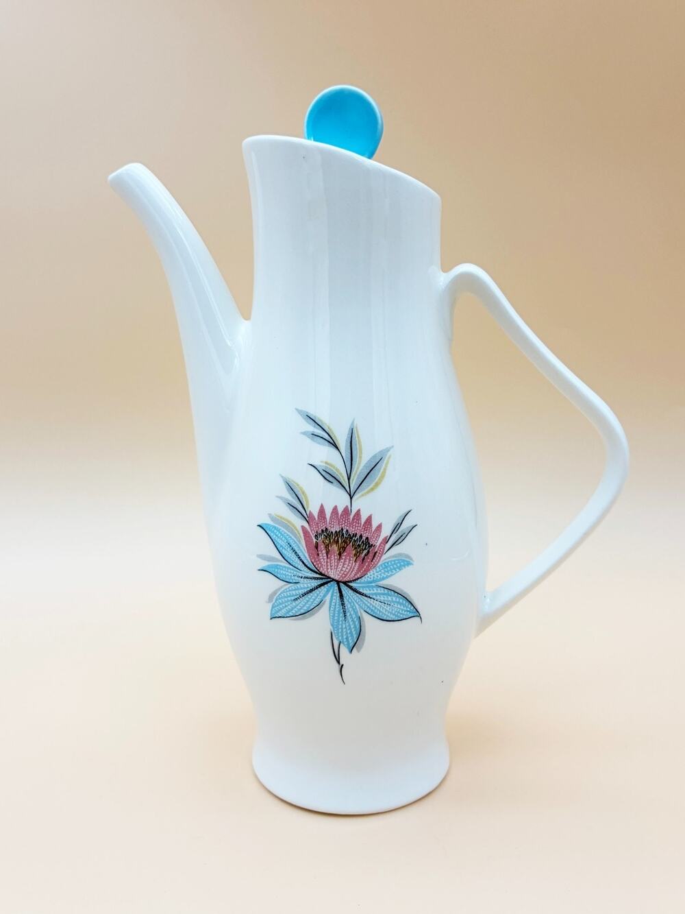 Vintage Coffee Pot Steubenville Fairlane Turquoise Floral MCM 1950s Ceramic